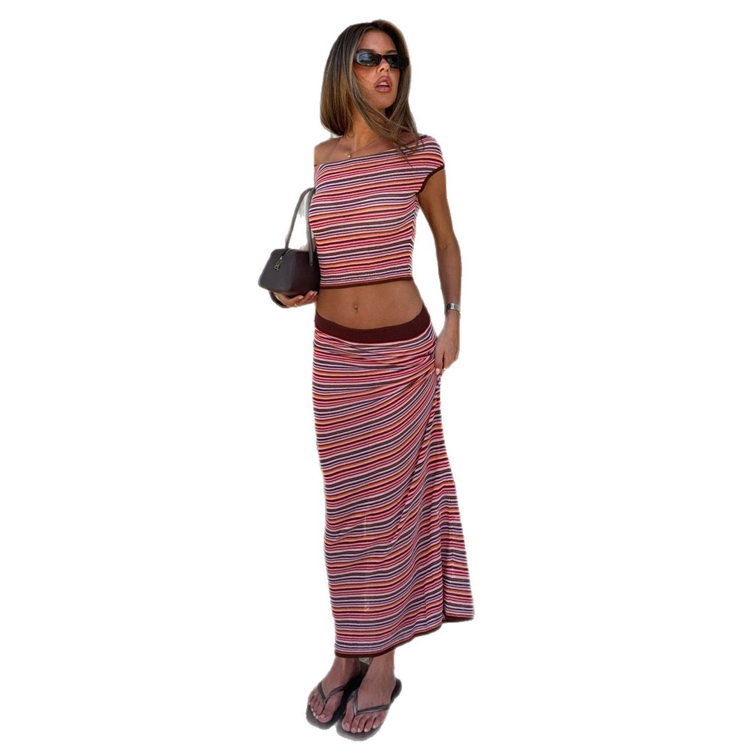 Damen Maxikleid mit farbenfrohen Streifen und off-shoulder Design R&B
