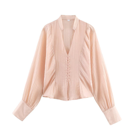 Damen elegante Bluse mit tiefem V-Ausschnitt und strukturierten Ärmeln R&B