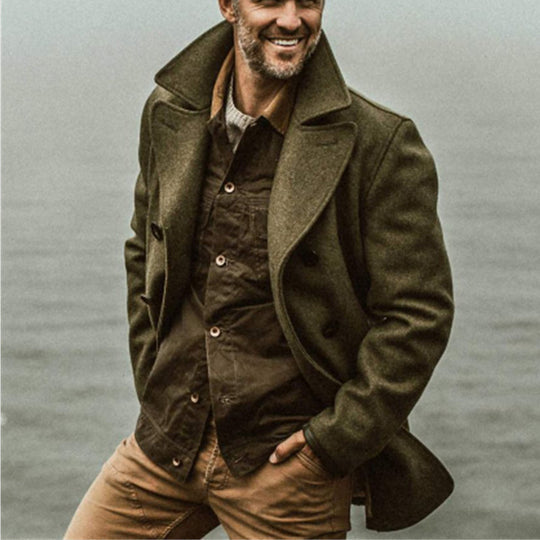 Herren eleganter Mantel mit doppelter Knopfleiste und hohem Kragen R&B