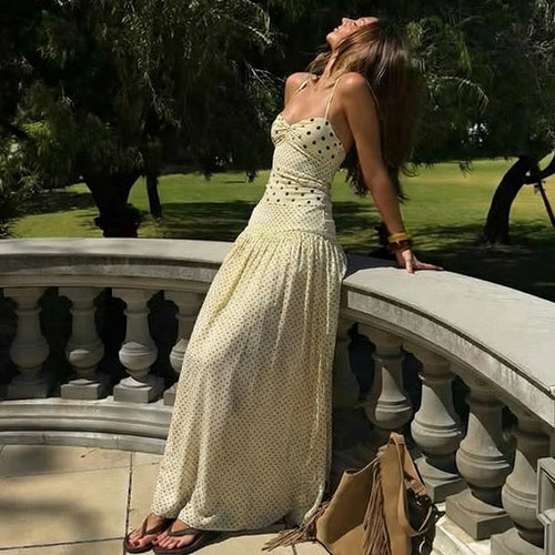 Damen Maxikleid mit verspielten Polka-Dots und schickem Halterdesign R&B