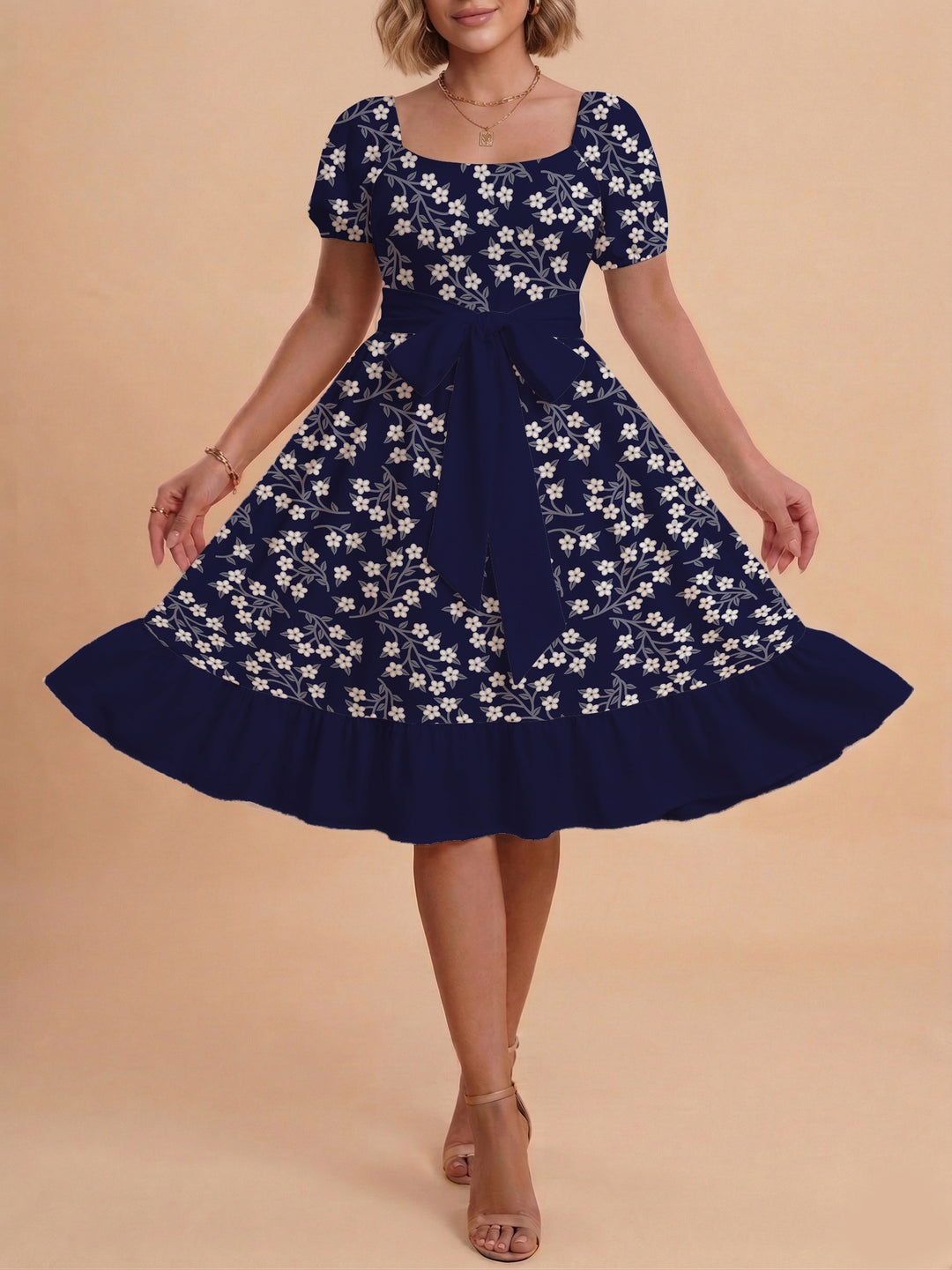 Damen Blumenkleid mit taillierbarem Gürtel und voluminösen Ärmeln R&B