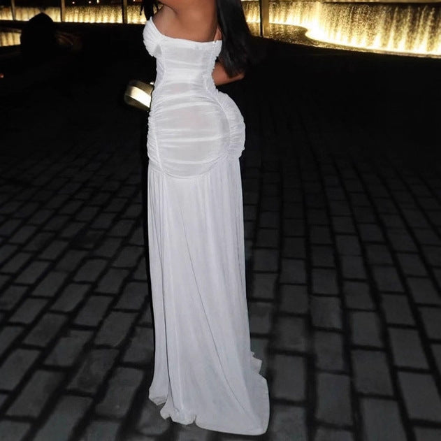 Damen Elegantes Strapless Maxikleid mit Rüschendetails und hohem Schlitz R&B