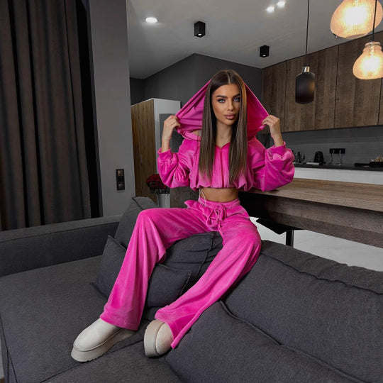 Damen Fleece-Haustextilien-Set mit cropped Oberteil und weitem Hosen R&B