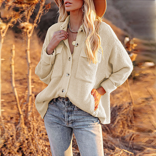 Damen Overshirt im lässigen Strickdesign mit Knopfverschluss und Brusttasche R&B
