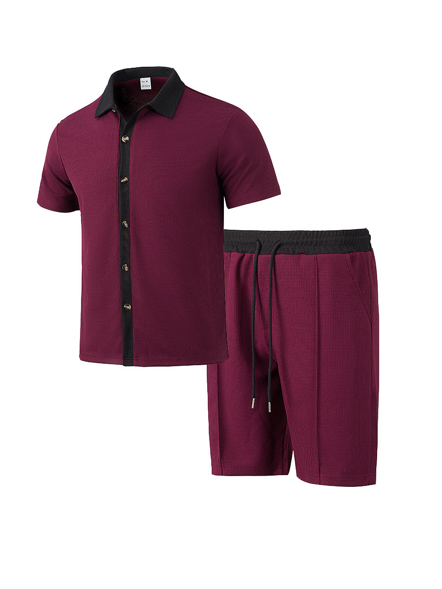 Herren nan modernes Freizeit-Set aus feinem Strukturjersey mit Hemdkragen-Knopfleiste und Kordel-Shorts R&B