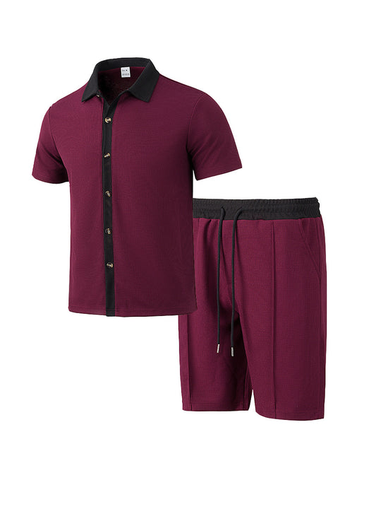 Herren nan modernes Freizeit-Set aus feinem Strukturjersey mit Hemdkragen-Knopfleiste und Kordel-Shorts R&B