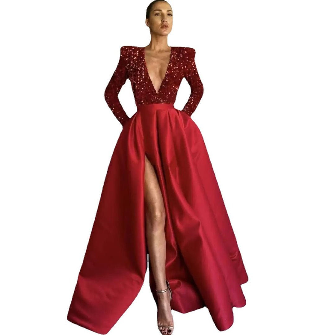 Damen Glamouröses Abendkleid mit tiefem V-Ausschnitt und hochgeschnittenem Rock R&B