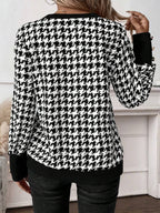 Damen V-Ausschnitt Strickpullover mit Hahnentrittmuster R&B