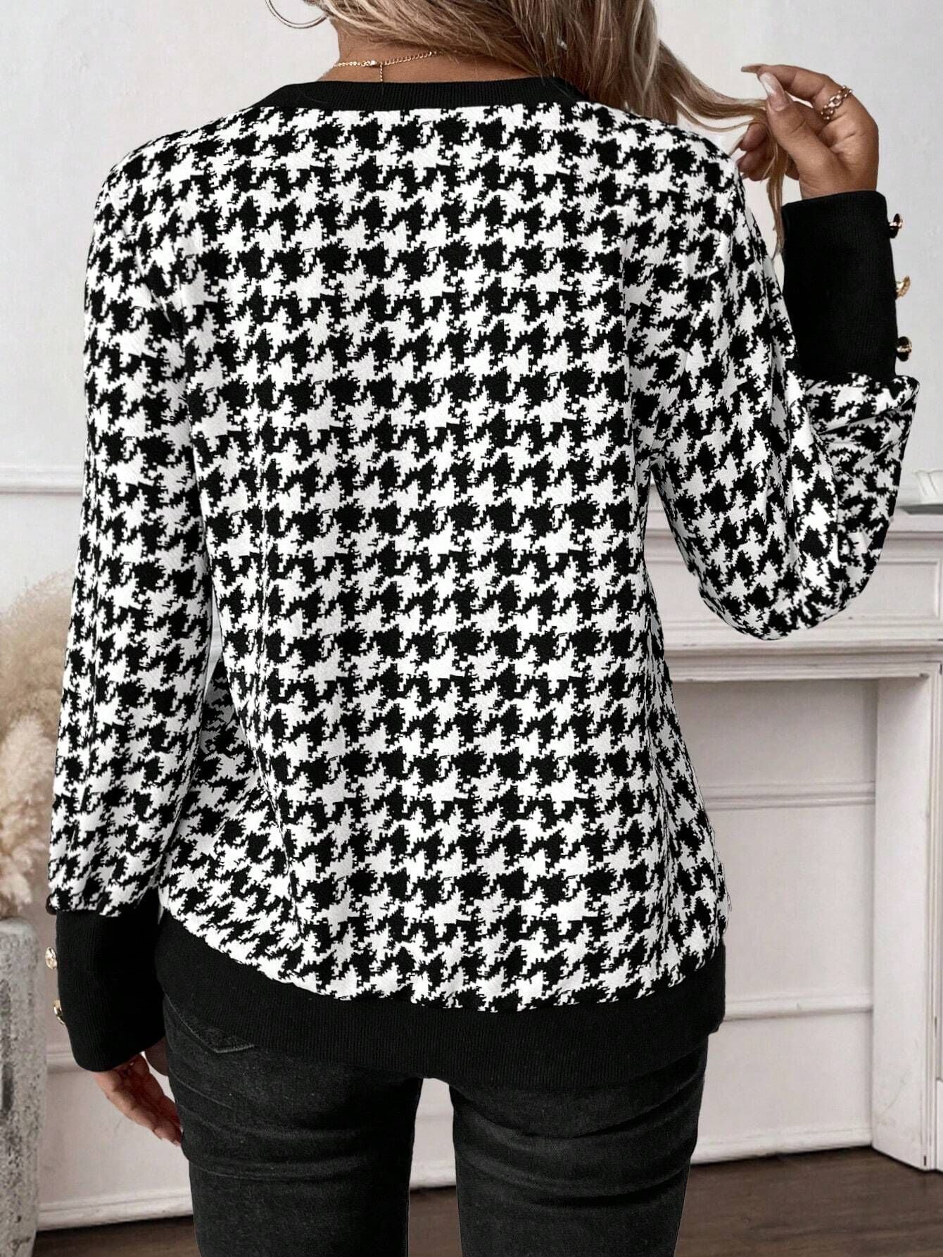 Damen V-Ausschnitt Strickpullover mit Hahnentrittmuster R&B