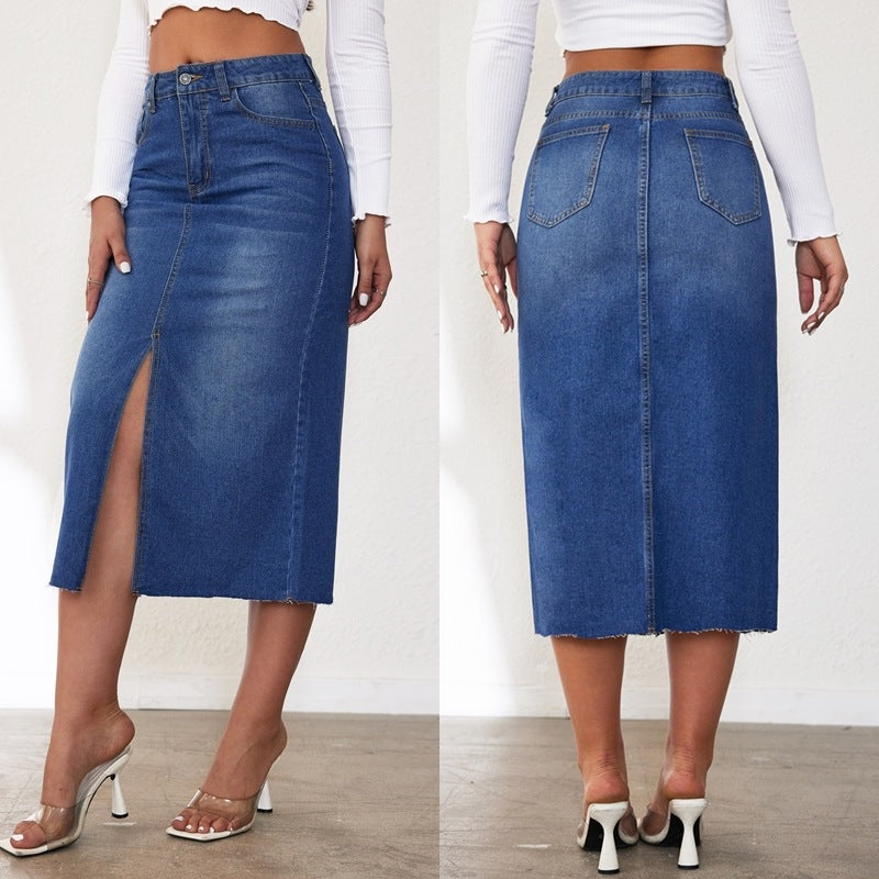 Damen Jeansrock mit hoher Taille und seitlichem Schlitz R&B