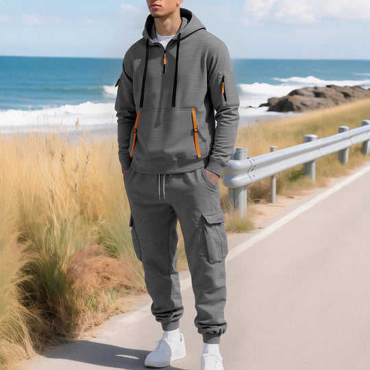 Herren nan lässiger Halbzip Hoodie mit Kängurutasche und Cargo Jogginghose mit Reißverschlussdetails R&B