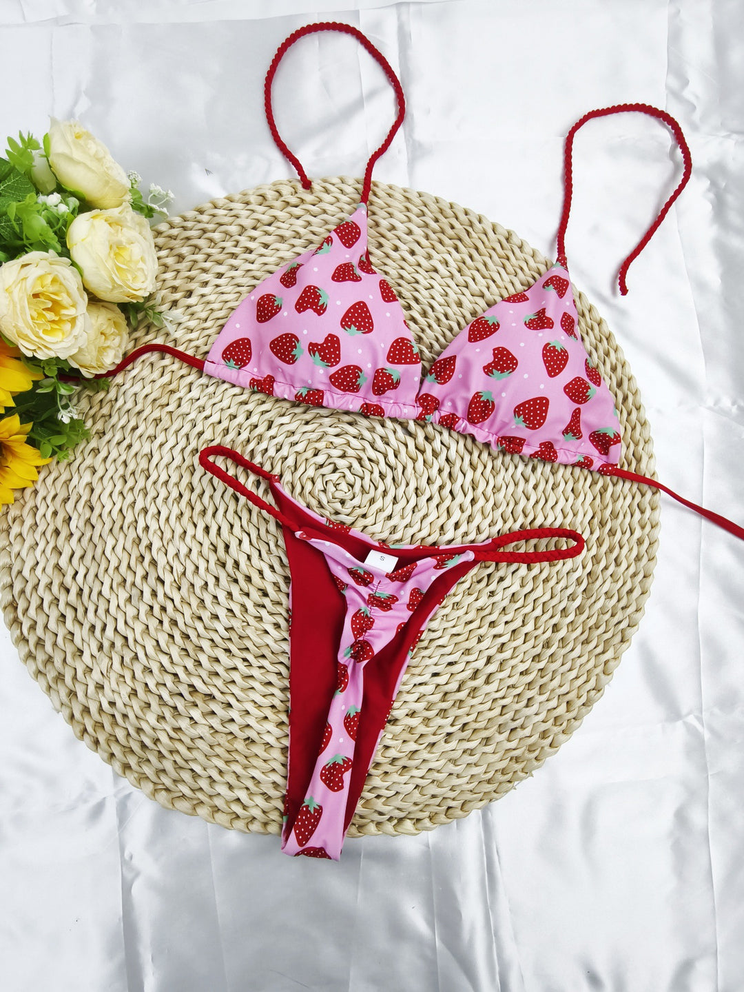 Damen Triangel-Bikini-Set mit fröhlichem Kirschmuster und verstellbaren Trägern R&B