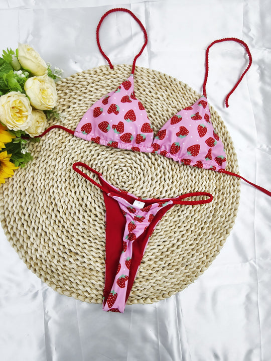 Damen Triangel-Bikini-Set mit fröhlichem Kirschmuster und verstellbaren Trägern R&B