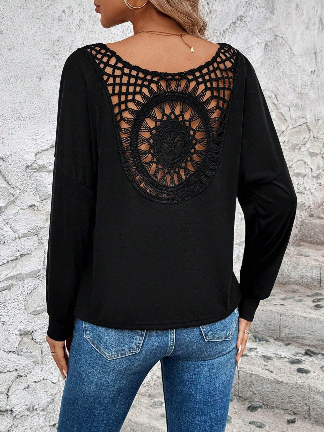 Damen Langarm T-Shirt mit dekorativem Häkelrücken R&B