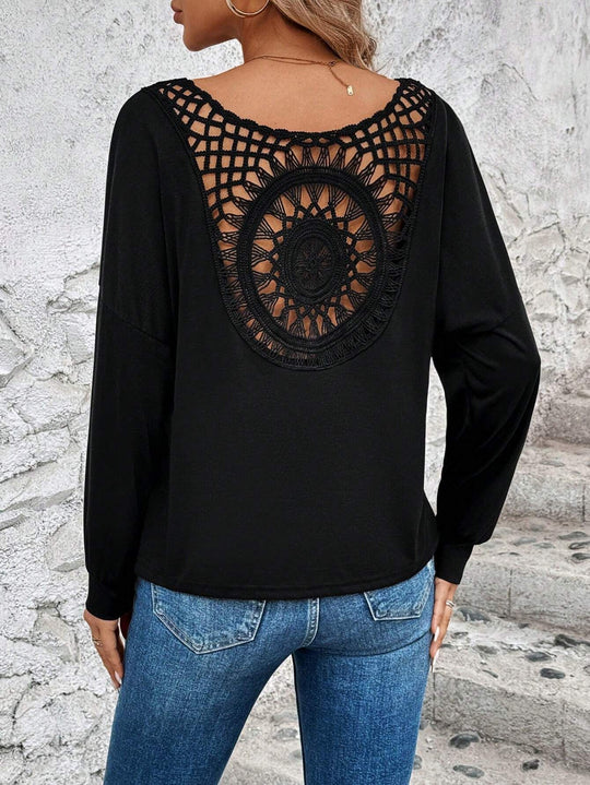 Damen Langarm T-Shirt mit dekorativem Häkelrücken R&B