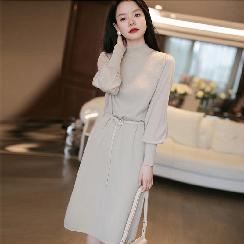 Damen Elegantes Knielanges Kleid mit Gürtel und Langarm