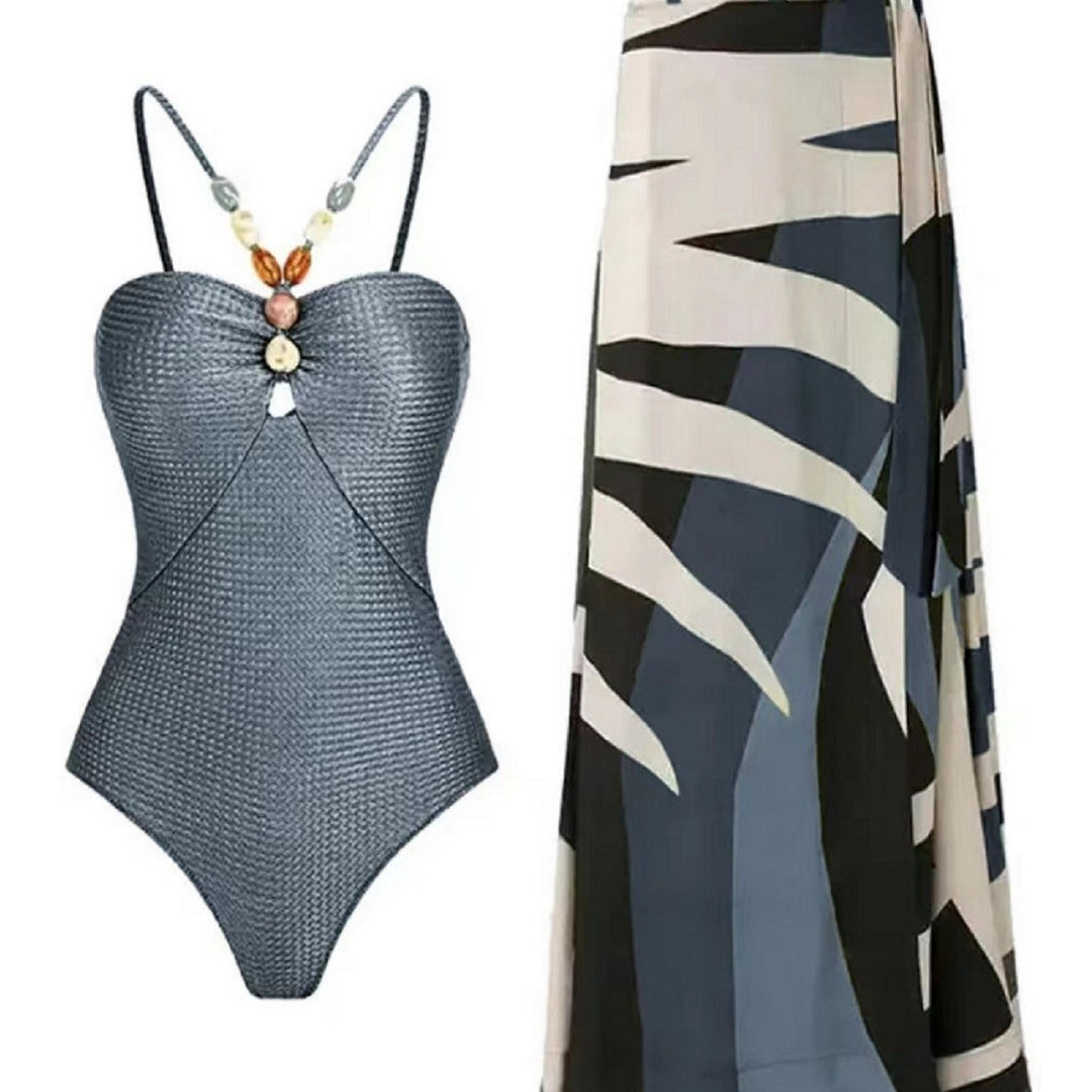 Damen Badeanzug mit trendigem Cut-Out und elegantem Wickelrock R&B