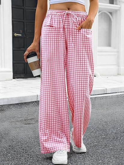 Damen Weit geschnittene Karohose mit elastischem Bund und praktischen Taschen R&B