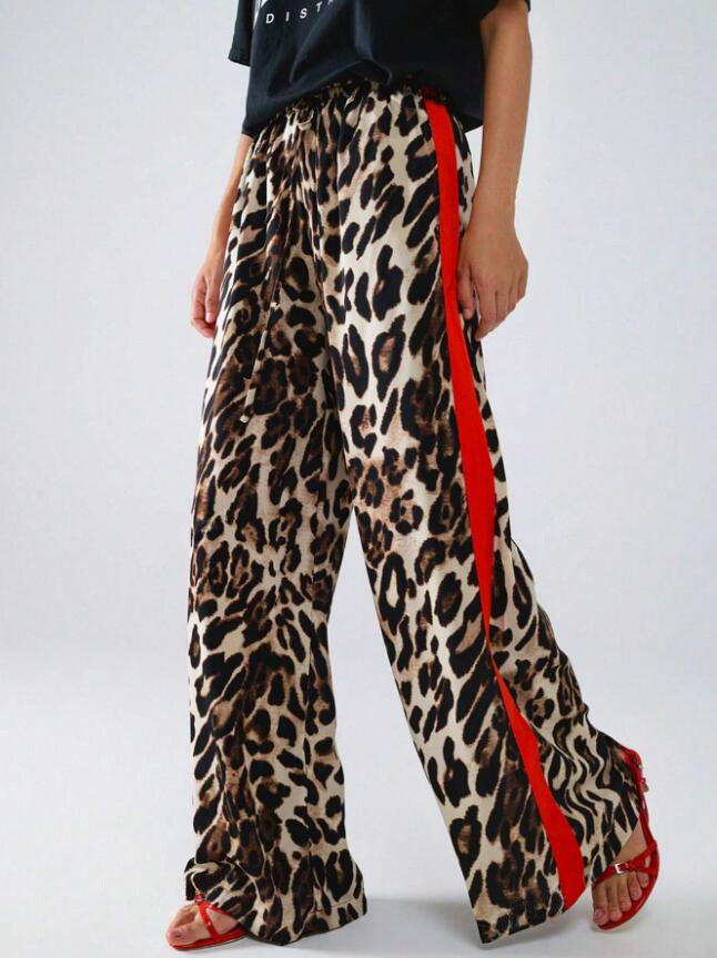 Damen weite Leinenhose mit modischem Leopardenmuster und kontrastierendem Streifen R&B