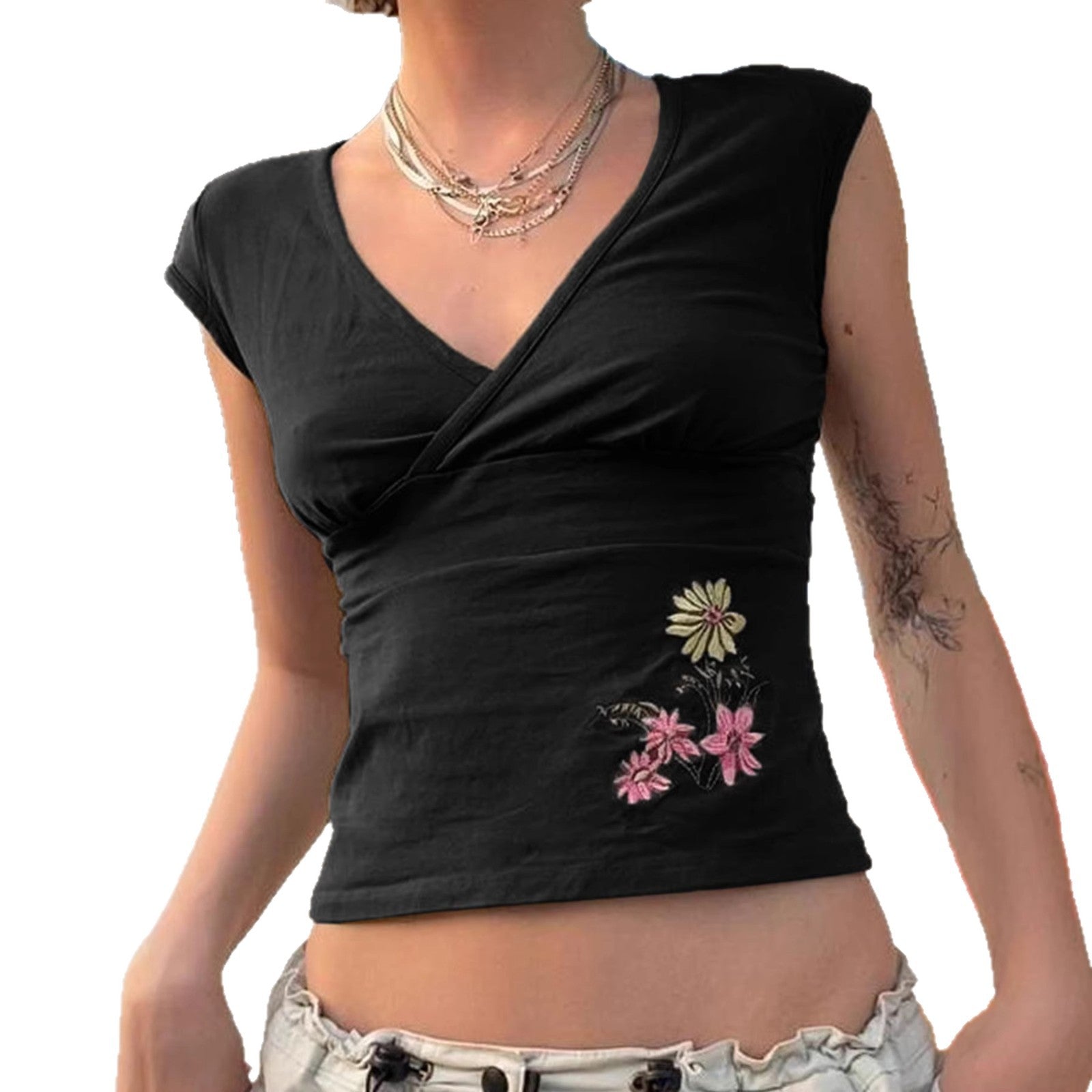 Damen figurbetontes Kurzarm-Shirt mit floralem Stickmuster R&B