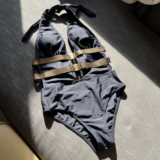 Damen Einteiliger Badeanzug mit modischen Goldakzenten R&B