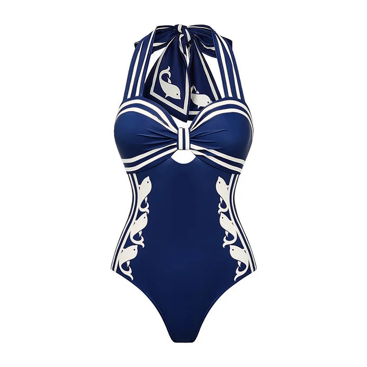 Damen Einteiler Badeanzug mit raffiniertem Cut-Out und dekorativen Schleifen R&B