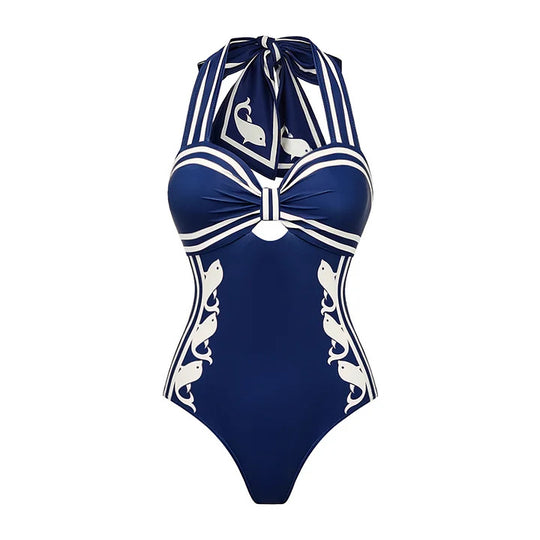 Damen Einteiler Badeanzug mit raffiniertem Cut-Out und dekorativen Schleifen R&B