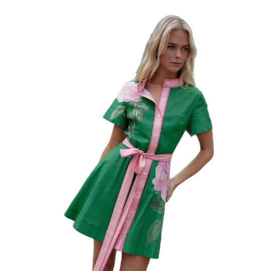 Damen Freizeitkleid mit floralem Muster und bequemen Taillengürtel R&B