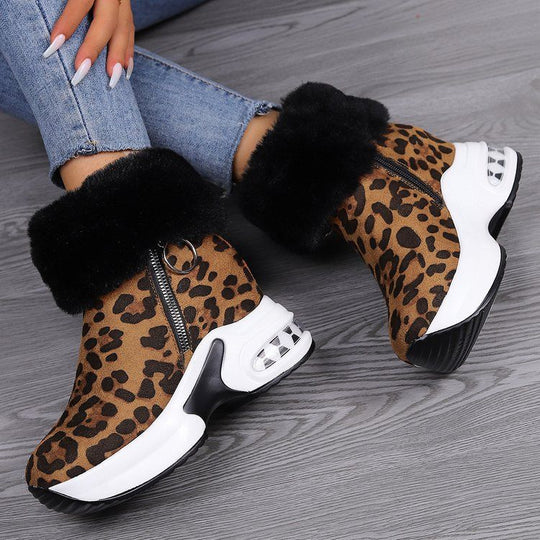 Damen Komfortable Sneaker-Stiefel mit trendigem Leopardenmuster und kuscheligem Kragen R&B