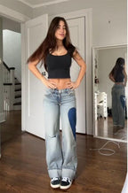 Damen Weit geschnittene Jeans mit modischen Ellbogen-Patch-Details R&B