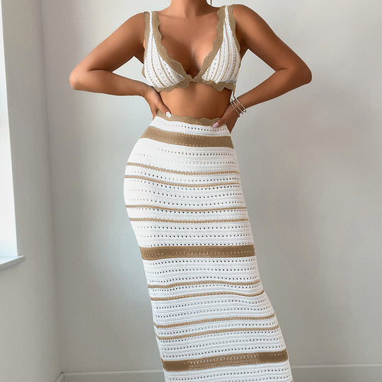 Damen Häkel-Crop-Top und Maxirock Set R&B