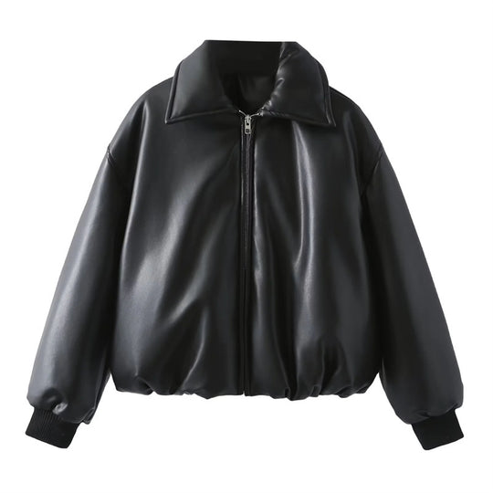 Damen lässige Boxy-Jacke aus weichem Kunstleder mit elastischem Bund R&B