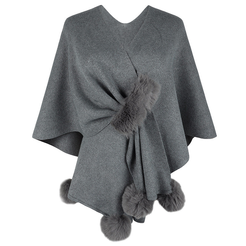 Damen eleganter Poncho mit luxuriösem Kunstfellbesatz R&B