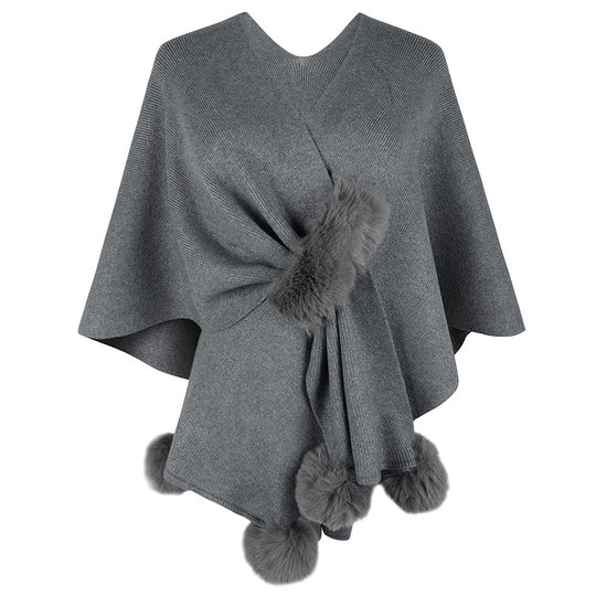 Damen eleganter Poncho mit luxuriösem Kunstfellbesatz R&B