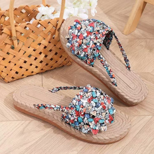 Damen modische Slide-Sandalen mit hochglänzendem Blumendetail R&B