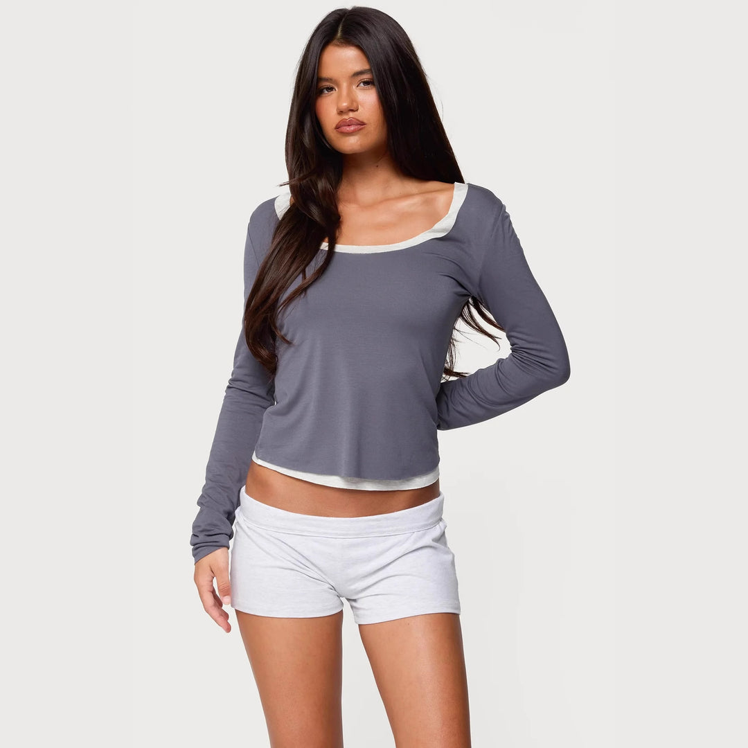 Damen Lounge Set mit langärmligem Oberteil und kurzer Shorts R&B