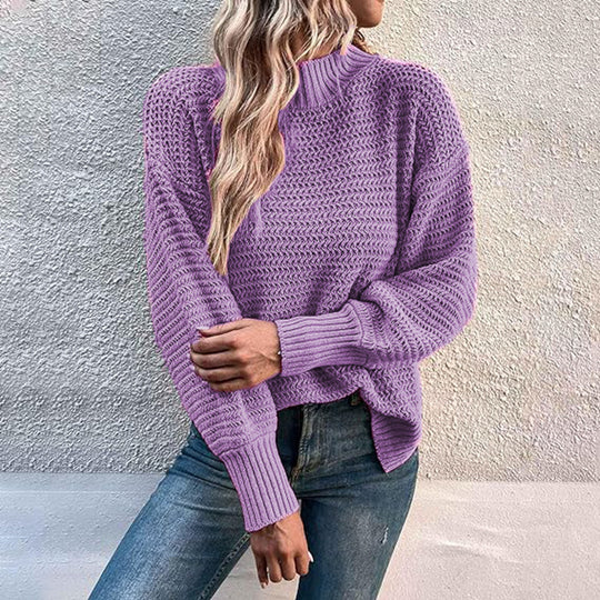 Damen modischer Strickpullover mit hohem Kragen und strukturiertem Muster R&B