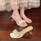 Damen transparente High Heels mit floralen Applikationen EB