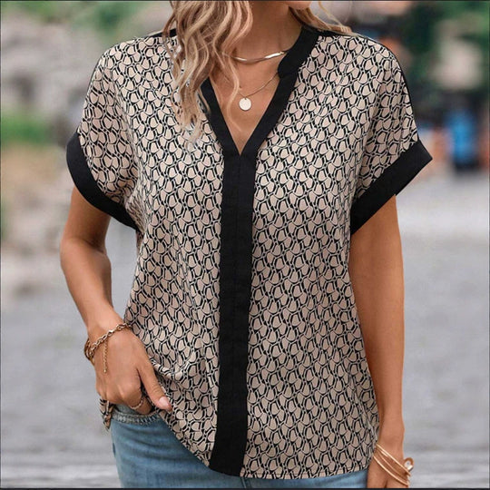 Damen nan leichte kastige Bluse in Krepp-Optik mit V-Ausschnitt und Kontrastpaspel R&B
