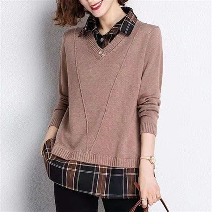 Damen Layered Strickpullover mit V-Ausschnitt und trendy Hemdbluse R&B