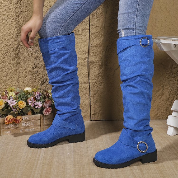 Damen modische Overkneestiefel mit lässigem Falten-Look und robustem Profil