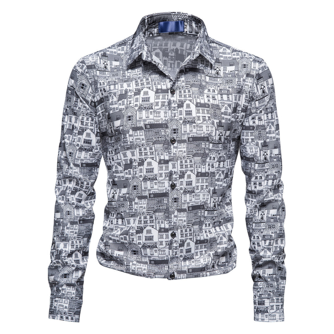 Herren Langarmhemd mit kreativem Stadtmotiv und moderner Passform R&B