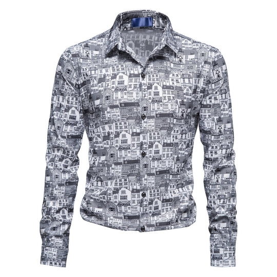 Herren Langarmhemd mit kreativem Stadtmotiv und moderner Passform R&B