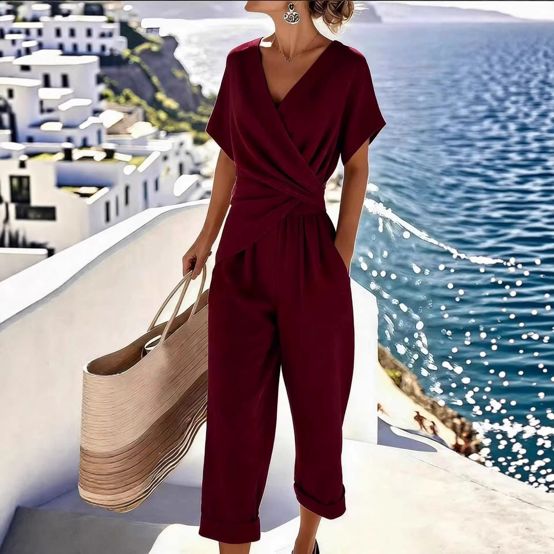 Damen Eleganter Jumpsuit mit Wickeloptik und breiten Beinen R&B