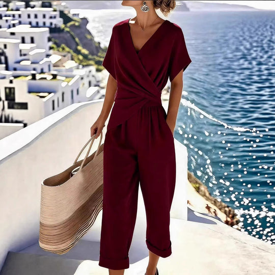 Damen Eleganter Jumpsuit mit Wickeloptik und breiten Beinen R&B
