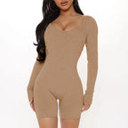 Damen Figurbetonter Jumpsuit mit langen Ärmeln und V-Ausschnitt R&B
