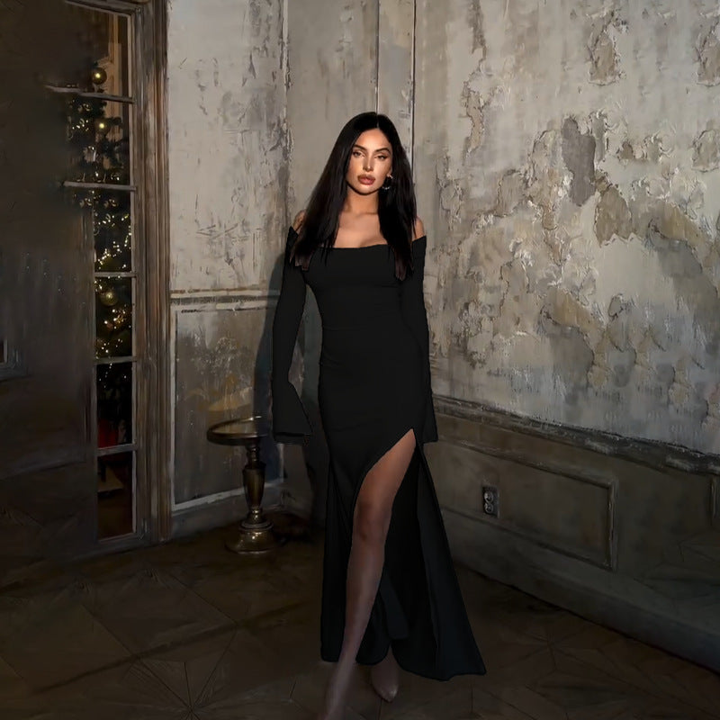 Damen figurbetontes schulterfreies Maxikleid mit elegantem Schlitz R&B
