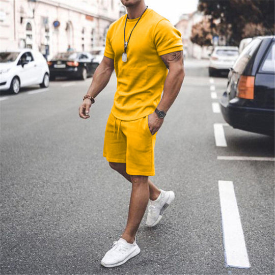 Herren nan figurbetontes Kurzarmshirt mit verstärkter Schulternaht und elastischer Kordelzug-Bermuda aus Stretchjersey R&B