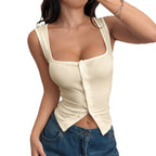 Damen figurbetontes Trägershirt mit Knopfleiste und Raffung R&B