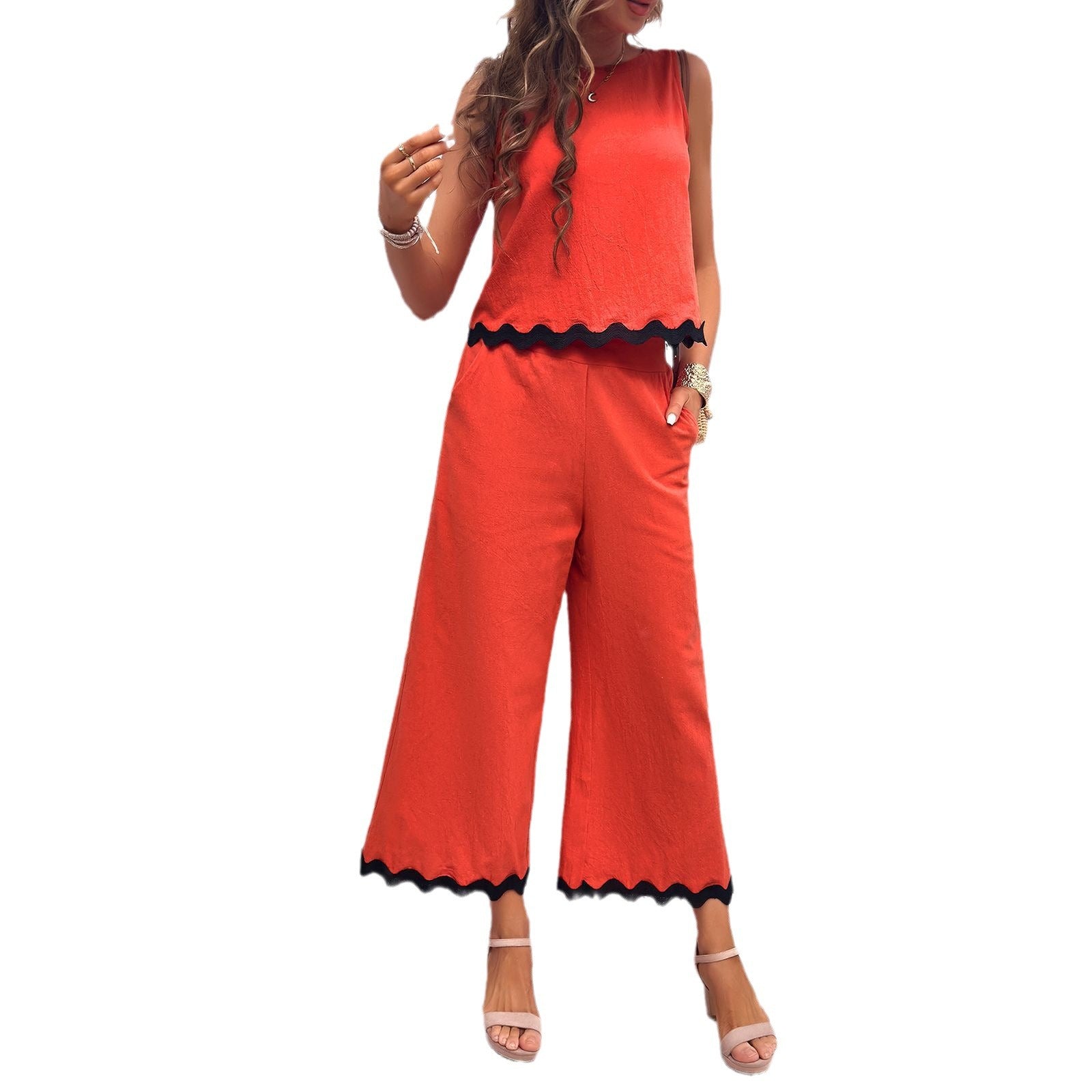 Damen Zweiteiliges Set mit Crop-Top und weitem Hosen R&B